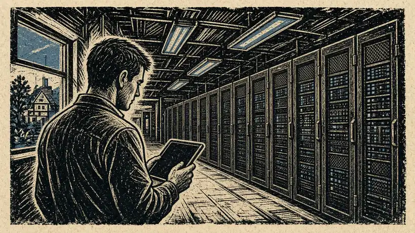 Serverraum mit Techniker und beleuchteten Server-Racks