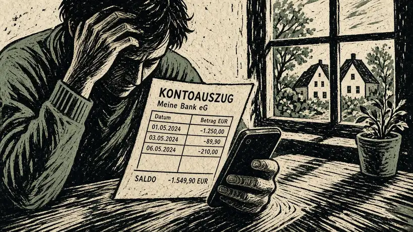 Hände mit Kontoauszug und Smartphone auf einem Holztisch