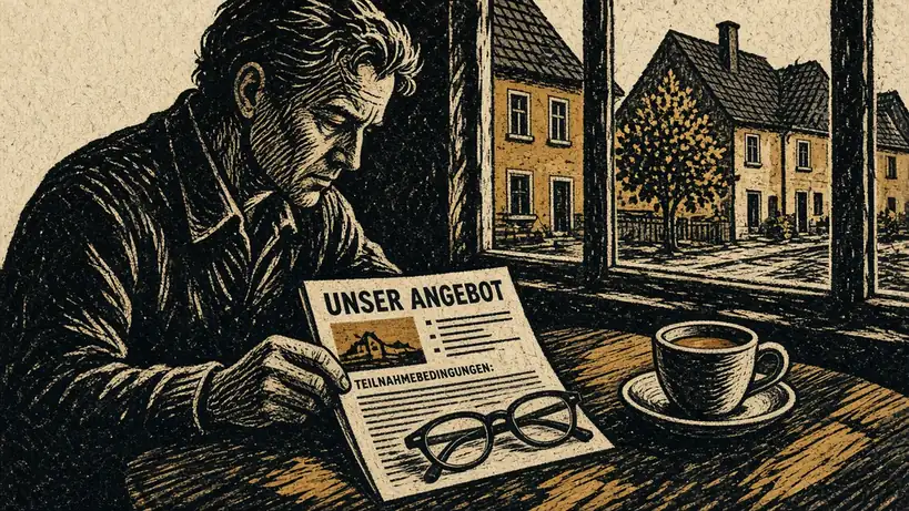 Person liest das Kleingedruckte eines Bonusheftes im Café